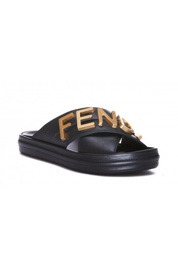 FENDI Skórzane klapki z logo Fendi