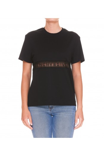 Givenchy Czarna koszulka z logo taśmą z koronki