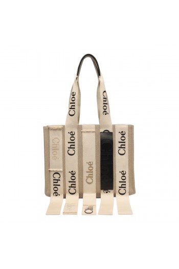 Chloe Materiałowa torba shopper 'WOODY' z logowanymi paskami