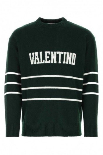 Valentino Wełniany sweter z haftowanym logo w kolorze butelkowej zieleni
