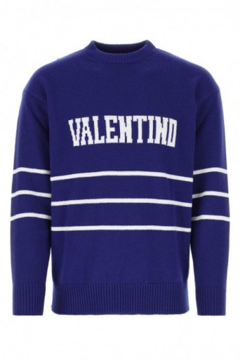 Valentino Niebieski wełniany sweter z haftowanym logo
