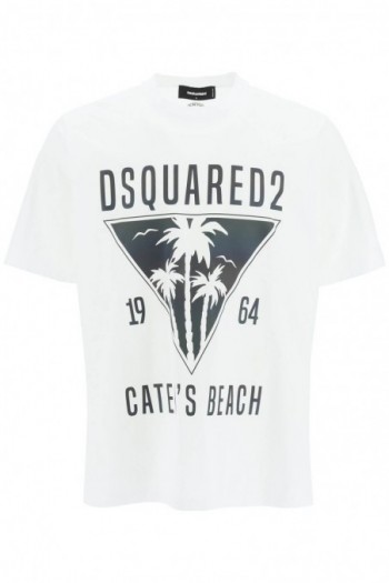 Dsquared2 Biała koszulka z nadrukiem Caten's Beach