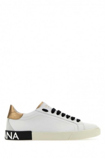 Dolce & Gabbana Białe sneakersy Portofino ze skóry nappa ze złotym zapiętkiem