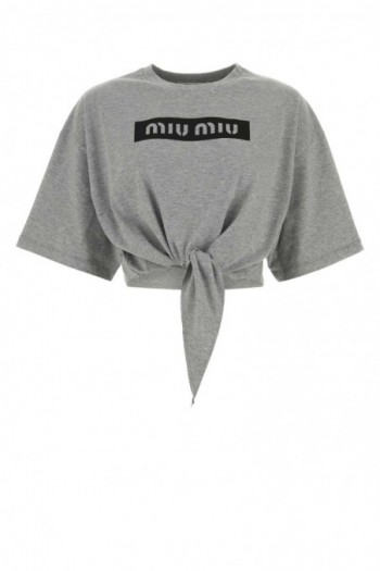 Miu Miu Bawełniany t-shirt w kolorze melanżowym z wiązaniem