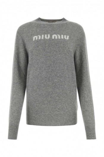 Miu Miu Wełniany sweter w kolorze szarego melanżu z logo