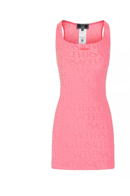 Versace Różowa sukienka mini z tkaniny frotte z haftem Versace Allover