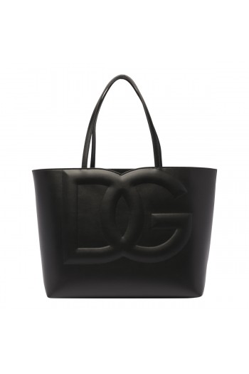 Dolce & gabbana Torba shopper, czarna, skórzana, logo DG, medium