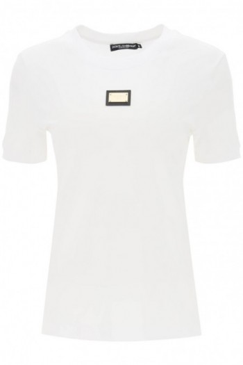 Dolce & gabbana T-shirt z metalową tabliczką z logo