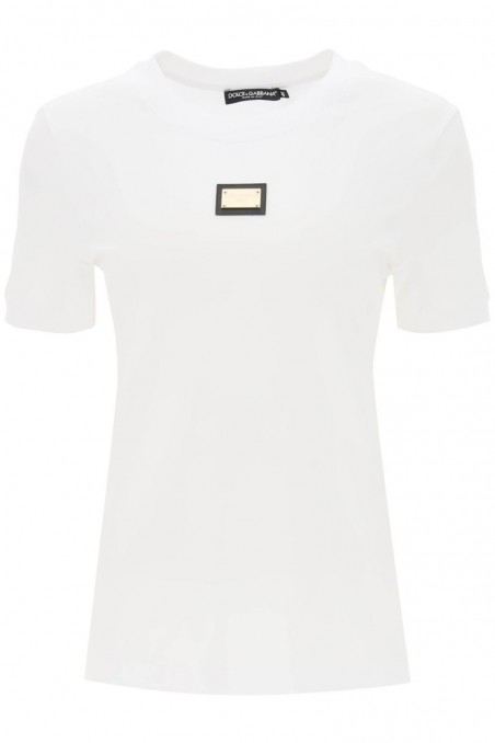 Dolce & gabbana T-shirt z metalową tabliczką z logo