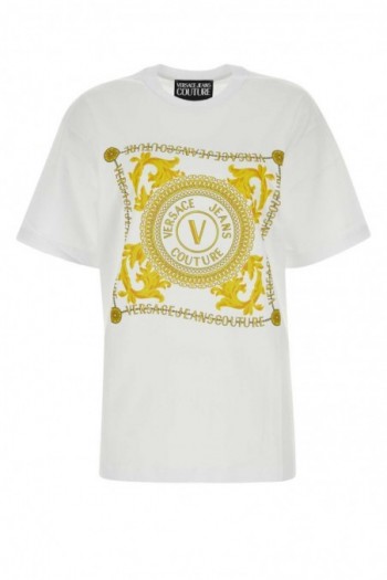 Versace Jeans Couture Biała bawełniana koszulka z barokowym  logo