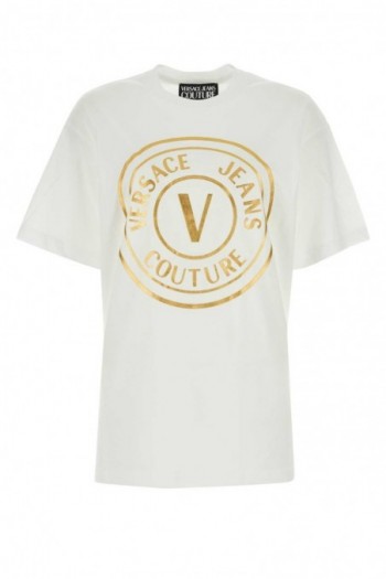 Versace Jeans Biała bawełniana koszulka z złotym logo 23397