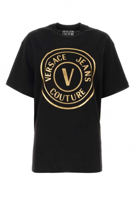 Versace Jeans Couture Czarna bawełniana koszulka z złotym logo 23398