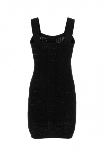 Balmain Czarna szydełkowa mini sukienka z logo guzikami