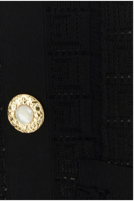 Balmain Czarna szydełkowa mini sukienka z logo guzikami
