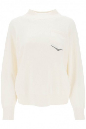 Brunello cucinelli Biały kaszmirowy sweter z ozdobioną kieszenią