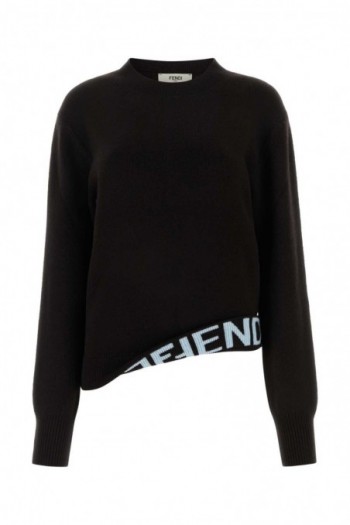 Fendi Ciemnobrązowy asymetryczny sweter z haftem FF