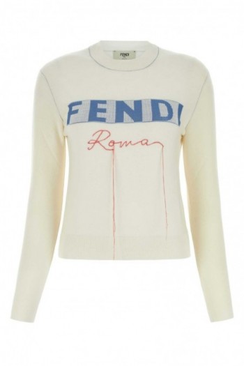 Fendi Sweter haftem Fendi Roma w kolorze kości słoniowej