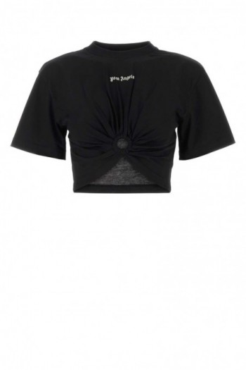 Palm Angels Krótka czarna koszulka z marszczeniem z logo