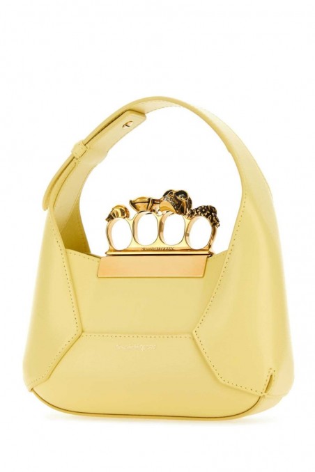 Alexander McQueen Pastelowa żółta skórzana mini torebka Hobo z biżuterią