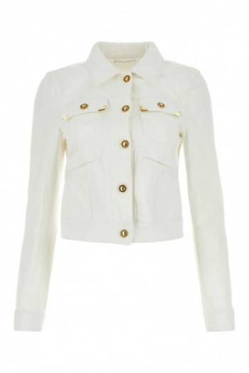 Palm Angels Biała jeansowa kurtka ze złotymi guzikami