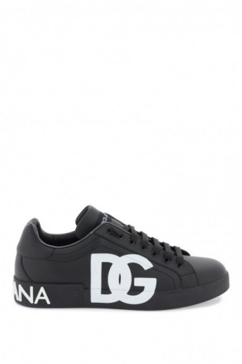 Dolce & gabbana Czarne skórzane sneakersy z logo Portofino męskie