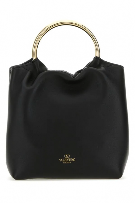 Valentino Czarna skórzana torebka typu worek z metalową rączką