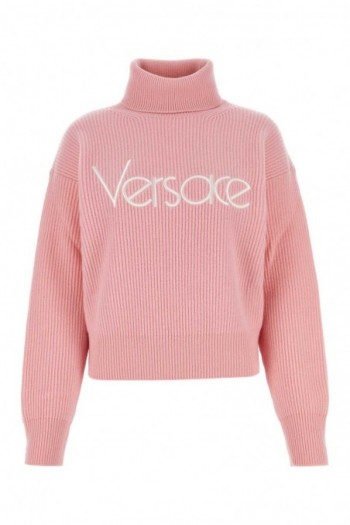 Versace Różowy wełniany sweter z logo